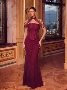 Glamrae Elegant Romantic Burgundy French Lace Corset Waist Drawstring Bodycon Mermaid Hemline With Detachable Tassel Halter Neck, Suitable For Weddings, Balls, Events, Banquets, Cocktail Parties And Other Formal Evening Occasions For Women - Burgundy - View 2
