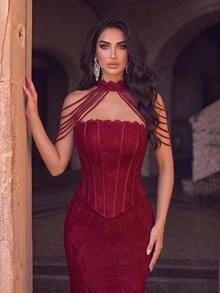 Glamrae Elegant Romantic Burgundy French Lace Corset Waist Drawstring Bodycon Mermaid Hemline With Detachable Tassel Halter Neck, Suitable For Weddings, Balls, Events, Banquets, Cocktail Parties And Other Formal Evening Occasions For Women - Burgundy - View 3