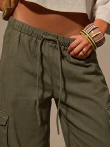 Athîral Denim 女款復古休閒工裝褲，寬鬆大腿短版長褲，四季皆宜 - 軍綠色 - 查看 2