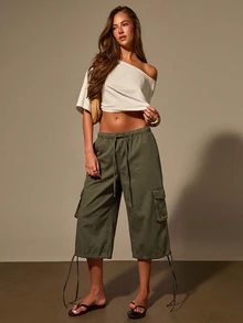 Athîral Denim 女款復古休閒工裝褲，寬鬆大腿短版長褲，四季皆宜 - 軍綠色 - 查看 1