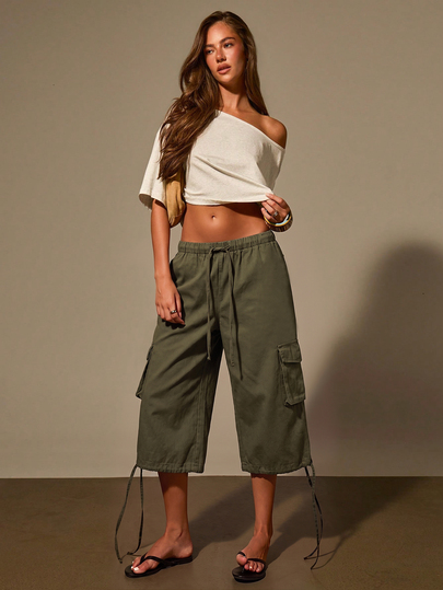Athîral Denim Women's Vintage Casual Cargo Pants, Loose Wide Leg Cropped Trousers For All Seasons