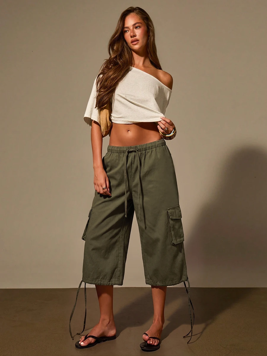 Athîral Denim 女款復古休閒工裝褲,寬鬆大腿短版長褲,四季皆宜 - 軍綠色 - 查看 1