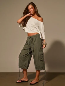 Athîral Denim 女款復古休閒工裝褲，寬鬆大腿短版長褲，四季皆宜 - 軍綠色 - 查看 6