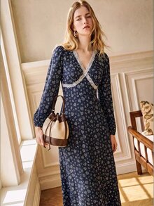 Écloséra Women's Spring/Autumn Elegant Exquisite Outing Date Commute Outfit Round Neck Puff Short Sleeve Waist-Cinching Long Dress - Navy Blue - View 6