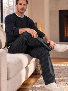 Manfinity CasualKnits Men's Striped Straight Leg Elastic Waist Pants With Pockets - Black - View 4