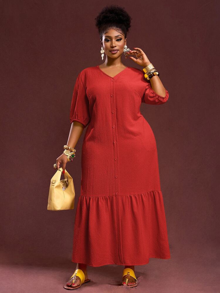Veslaya Plus Size Women's Red,Autumn,Satin,Smart Casual,Vacation Vintage Elegant V-Neck Puff Sleeve Ruffle Hem Maxi Dress,Textured Loose Fit H-Line Outfits - Red - View 4