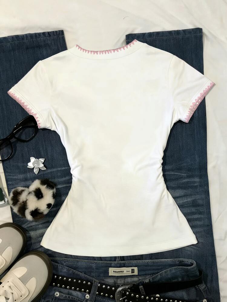 IslaSuriya [Printed Design] Women's Round Neck Short Sleeve Floral Print Casual Ruched T-Shirt, Summer - White - View 2