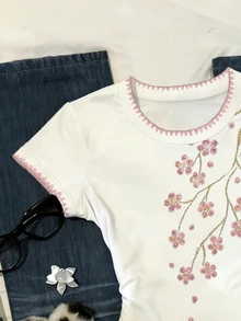 IslaSuriya [印花設計] 女款圓領短袖花卉印花休閒抓皺T恤，夏季 - 白色 - 查看 5