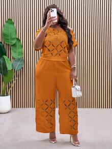 Slaydiva Plus Size Asymmetric-Shoulder Embroidered Floral Elegant Lightweight Two Pieces Set, Summer Outfits - Orange - View 3