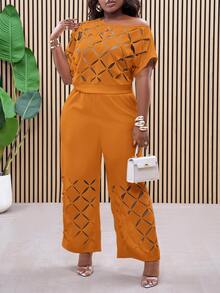 Slaydiva Plus Size Asymmetric-Shoulder Embroidered Floral Elegant Lightweight Two Pieces Set, Summer Outfits - Orange - View 7