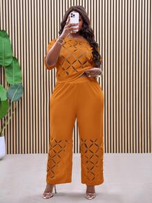 Slaydiva Plus Size Asymmetric-Shoulder Embroidered Floral Elegant Lightweight Two Pieces Set, Summer Outfits - Orange - View 4