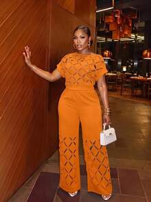 Slaydiva Plus Size Asymmetric-Shoulder Embroidered Floral Elegant Lightweight Two Pieces Set, Summer Outfits - Orange - View 1