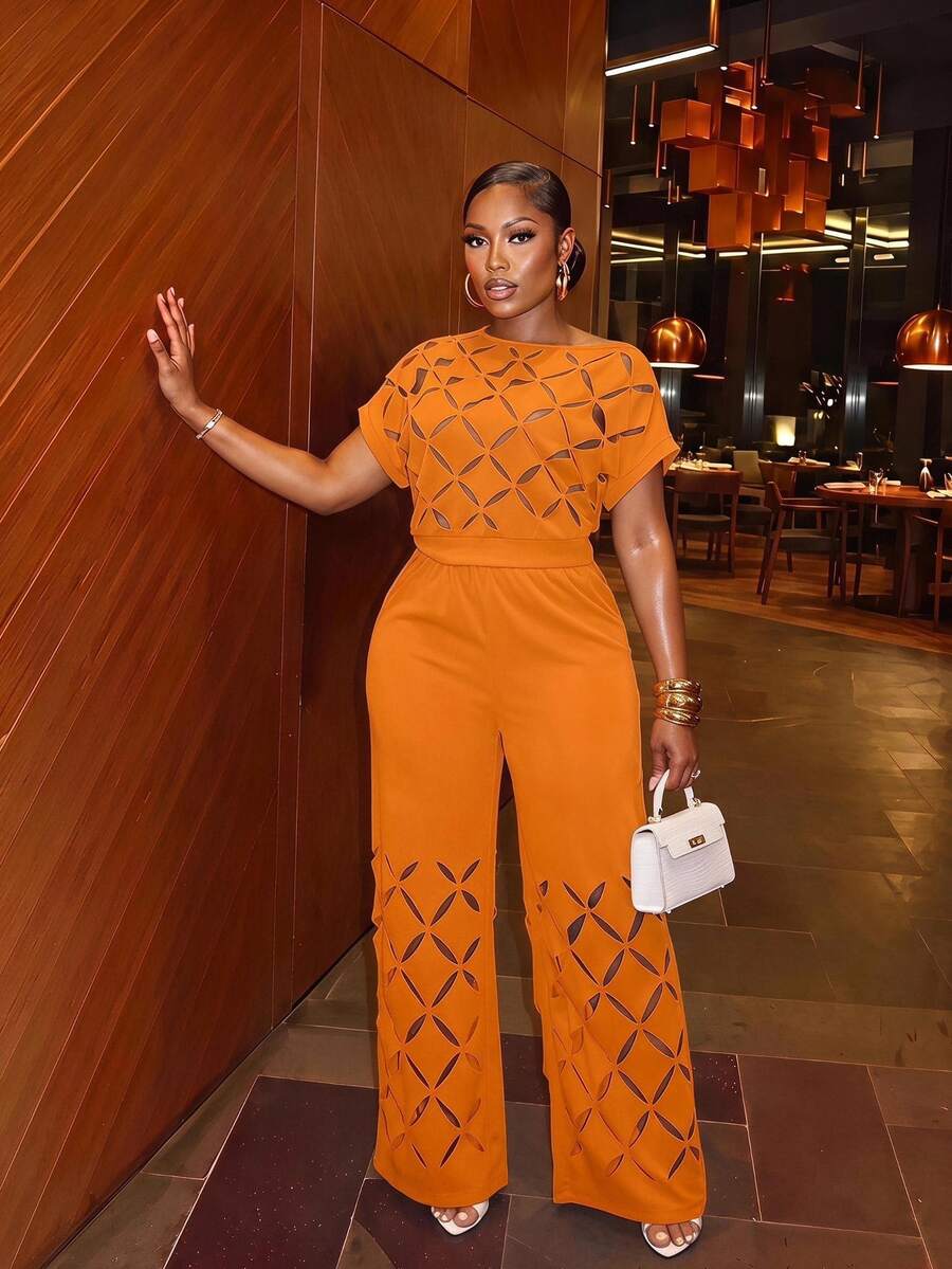 Slaydiva Plus Size Asymmetric-Shoulder Embroidered Floral Elegant Lightweight Two Pieces Set, Summer Outfits - Orange - View 1
