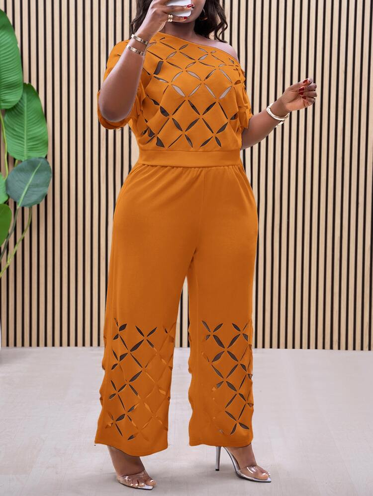Slaydiva Plus Size Asymmetric-Shoulder Embroidered Floral Elegant Lightweight Two Pieces Set, Summer Outfits - Orange - View 6