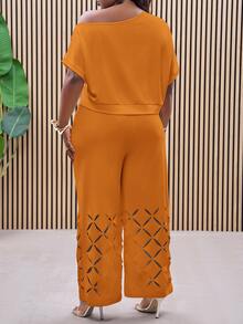 Slaydiva Plus Size Asymmetric-Shoulder Embroidered Floral Elegant Lightweight Two Pieces Set, Summer Outfits - Orange - View 2