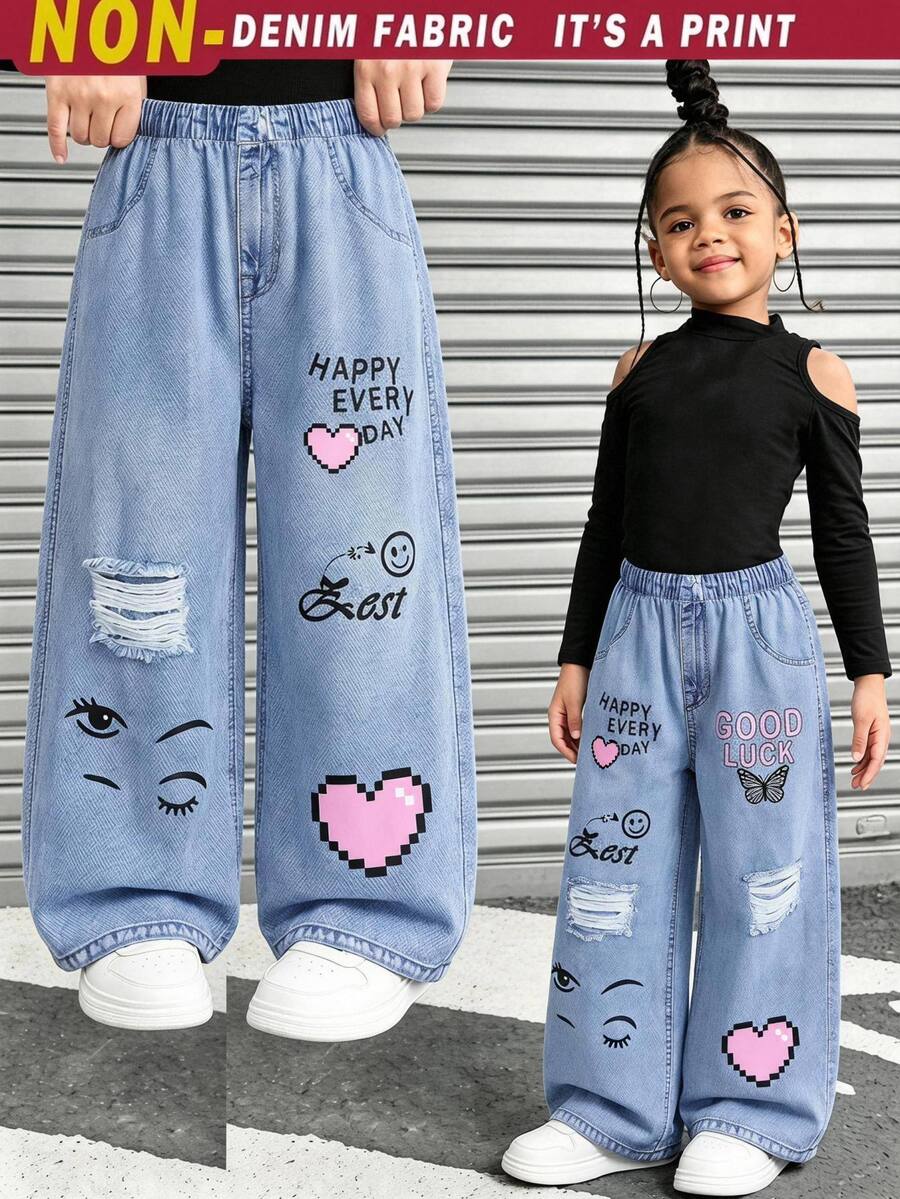 SHEIN Young Girl Young Girl Young Girl Knitted Cute Street Style Versatile Printed Pattern Elastic Waist Long Pants - Multicolor - View 1