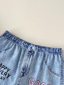 SHEIN Young Girl Young Girl Young Girl Knitted Cute Street Style Versatile Printed Pattern Elastic Waist Long Pants - Multicolor - View 5