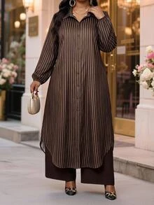 SHEIN Lady 大尺碼領口條紋長袖洋裝與純色長褲兩件套 - 彩色 - 查看 5