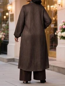 SHEIN Lady 大尺碼領口條紋長袖洋裝與純色長褲兩件套 - 彩色 - 查看 2
