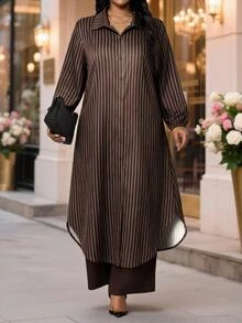 SHEIN Lady 大尺碼領口條紋長袖洋裝與純色長褲兩件套 - 彩色 - 查看 3