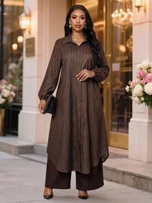 SHEIN Lady 大尺碼領口條紋長袖洋裝與純色長褲兩件套 - 彩色 - 查看 4