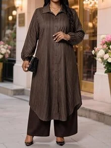 SHEIN Lady 大尺碼領口條紋長袖洋裝與純色長褲兩件套 - 彩色 - 查看 6