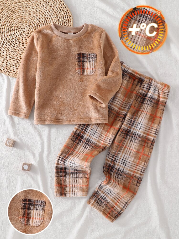 Boys' Khaki Plaid Fleece Long Sleeve Top And Long Pants Casual Comfortable 2 Pieces Loungewear Set - Khaki - View 2
