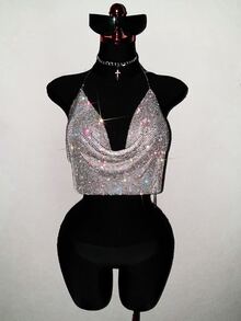 EgrlEra Draped Collar Chain Detail Backless Crop Metallic Halter Top For New Year Holiday Party - Silver - View 4