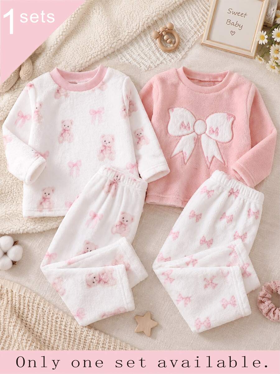 1 Set Baby Girl Round Neck Long Sleeve Pants Winter - Pink - View 1