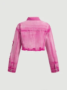 BriallanyX BriallanyX Women's Sexy Button-Up Distressed Cropped Long Sleeve Denim Jacket - Pink - View 9