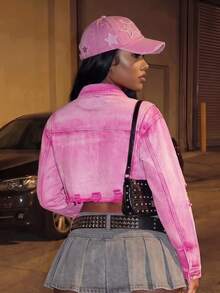 BriallanyX BriallanyX Women's Sexy Button-Up Distressed Cropped Long Sleeve Denim Jacket - Pink - View 2