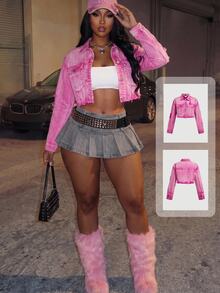 BriallanyX BriallanyX Women's Sexy Button-Up Distressed Cropped Long Sleeve Denim Jacket - Pink - View 1