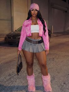 BriallanyX BriallanyX Women's Sexy Button-Up Distressed Cropped Long Sleeve Denim Jacket - Pink - View 4