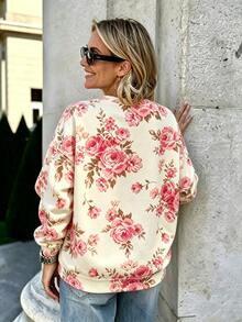 Selamara Sweatshirt Wanita Lengan Panjang Leher Bulat Longgar Motif Bunga Mawar Merah Muda di Seluruh Permukaan, Kasual untuk Sehari-hari di Musim Gugur - Putih - View 4