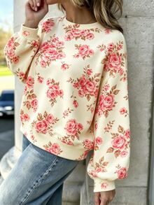 Selamara Sweatshirt Wanita Lengan Panjang Leher Bulat Longgar Motif Bunga Mawar Merah Muda di Seluruh Permukaan, Kasual untuk Sehari-hari di Musim Gugur - Putih - View 6
