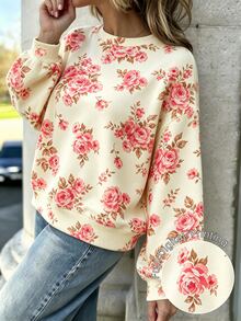 Selamara Sweatshirt Wanita Lengan Panjang Leher Bulat Longgar Motif Bunga Mawar Merah Muda di Seluruh Permukaan, Kasual untuk Sehari-hari di Musim Gugur - Putih - View 5
