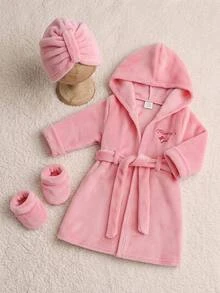 SHEIN 女嬰可愛百搭休閒毛絨長袖浴袍 秋冬款 - 粉色 - 查看 1