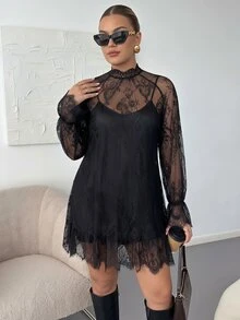 Reflora Plus Size Women's Lace Stand Collar Long Sleeve Fashion Dress With Camisole Dress - Black - View 3