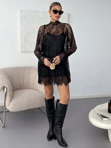Reflora Plus Size Women's Lace Stand Collar Long Sleeve Fashion Dress With Camisole Dress - Black - View 9