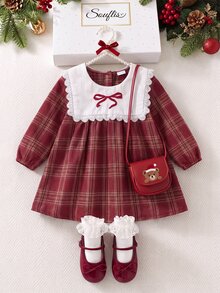 Souflis Souflis 幼女甜美可愛優雅波爾多紅格紋蕾絲領結長袖公主風A字裙，適合生日派對、秋季假期 - 紅色 - 查看 5