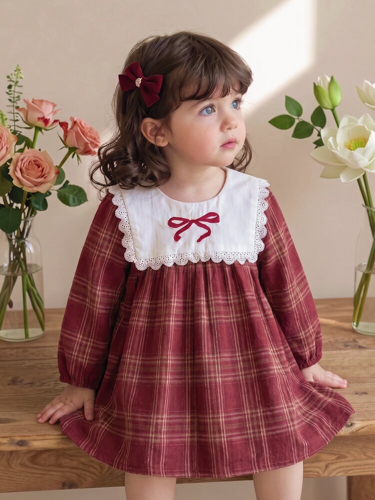 Souflis Souflis Toddler Girl Dress Sweet Cute Elegant Burgundy Red Plaid Lace Collar Bowknot Long Sleeve Regular Birthday Party Fall Holiday Princess A-Line Skirt - Red - View 1