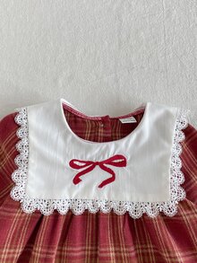Souflis Souflis 幼女甜美可愛優雅波爾多紅格紋蕾絲領結長袖公主風A字裙，適合生日派對、秋季假期 - 紅色 - 查看 7