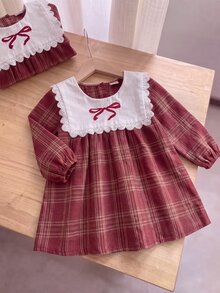 Souflis Souflis 幼女甜美可愛優雅波爾多紅格紋蕾絲領結長袖公主風A字裙，適合生日派對、秋季假期 - 紅色 - 查看 3