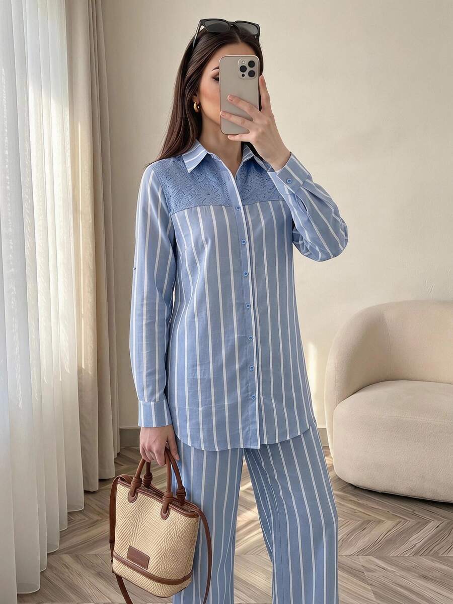 Solavon Women's Striped Colorblock Long Sleeve Top And Pants Casual Daily 2 Pieces Set - Blue - View 1