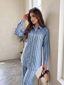 Solavon Women's Striped Colorblock Long Sleeve Top And Pants Casual Daily 2 Pieces Set - Blue - View 3
