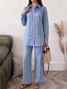 Solavon Women's Striped Colorblock Long Sleeve Top And Pants Casual Daily 2 Pieces Set - Blue - View 5