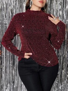 Reflora Plus Size Women's Elegant Sexy Party Cocktail Rhinestone Blouse Christmas Burgundy Autumn - Red - View 4