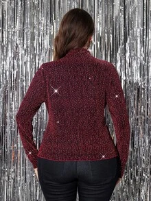 Reflora Plus Size Women's Elegant Sexy Party Cocktail Rhinestone Blouse Christmas Burgundy Autumn - Red - View 3