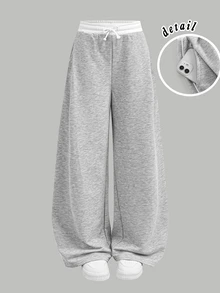 SHEIN 少女运动裤，春夏秋冬四季皆宜，新款针织休闲撞色白色抽绳浅色印花宽松运动裤，返校穿搭，基础款，日常百搭 - 淺灰色 - 查看 7