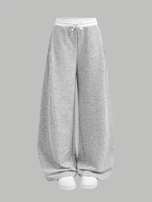 SHEIN 少女运动裤，春夏秋冬四季皆宜，新款针织休闲撞色白色抽绳浅色印花宽松运动裤，返校穿搭，基础款，日常百搭 - 淺灰色 - 查看 6
